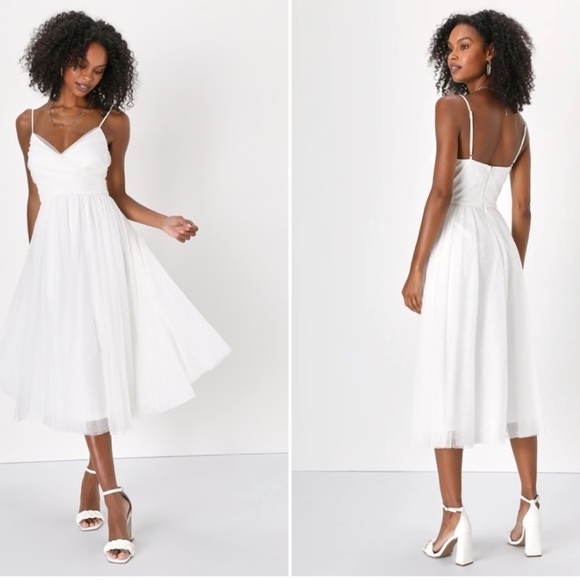 LULU's Bridal Shower Engagement Swiss Dot Romantic Flowy Midi Dress - Picture 4 of 4